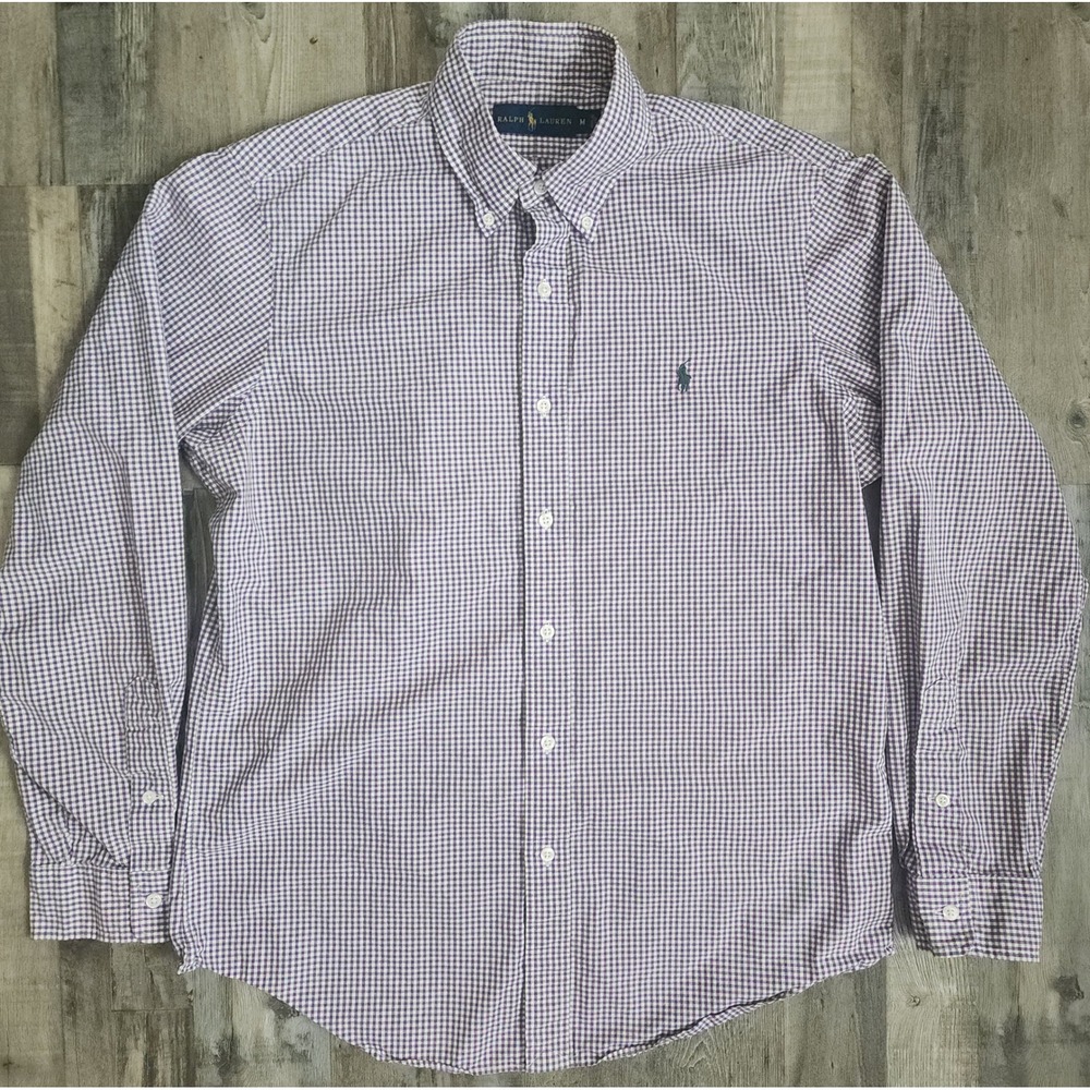 Ralph Lauren Button Down Shirt Mens Medium Purple Gingham Plaid Long Sleeve Pony